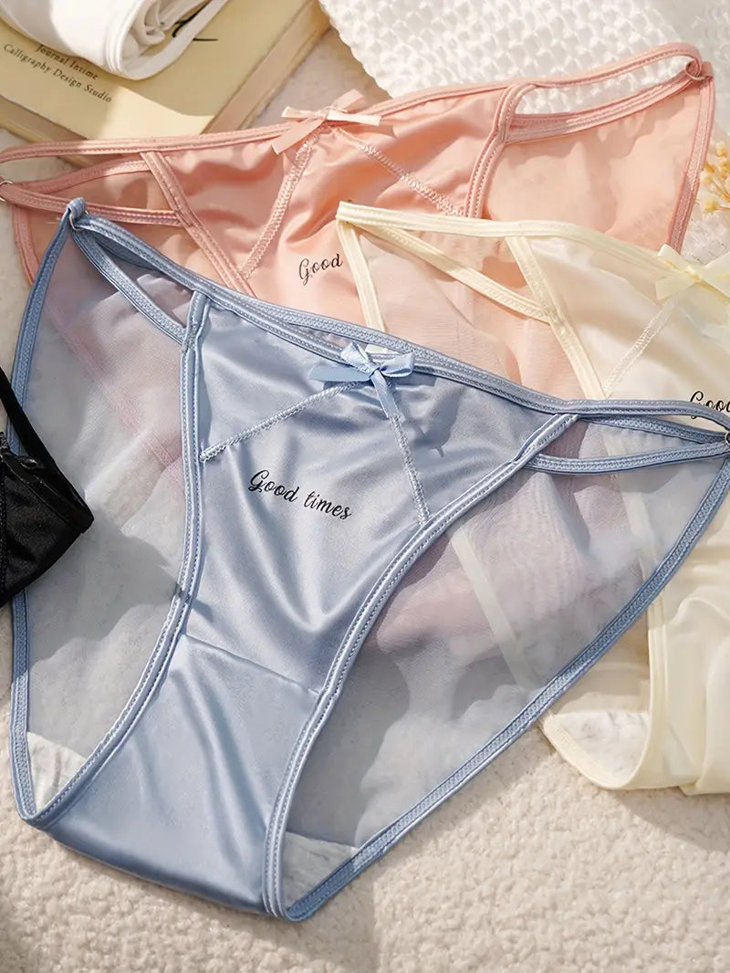 5pcs Sexy Bowknot Lace Underwear, Satin Mesh Thin Strap Mid Waist Panties