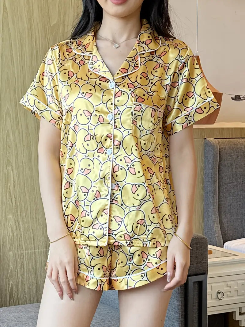 Satin Women's Pajama Set, Short Sleeve Top and Briefs, Two-Piece Summer Sexy Comfortable Sleepwear