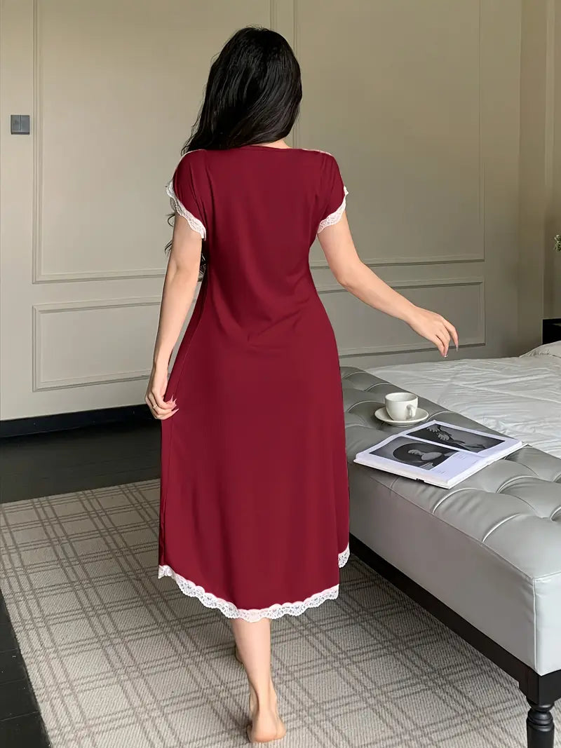 Women's Elegant Solid Color Lace-Trimmed V-Neck Sleeveless Nightgown