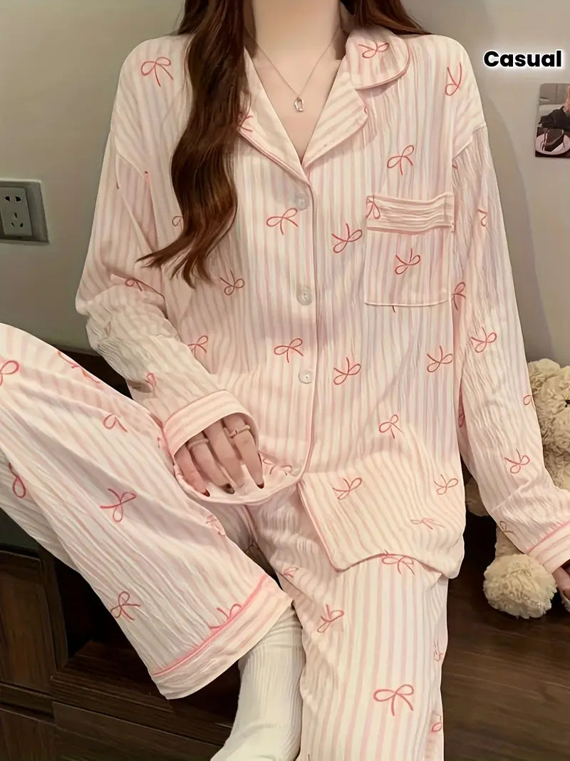 Wrinkle Fabric Sleepwear Spring Collection Sweet Striped Long Sleeve Korean Style Casual Wearable Home Set