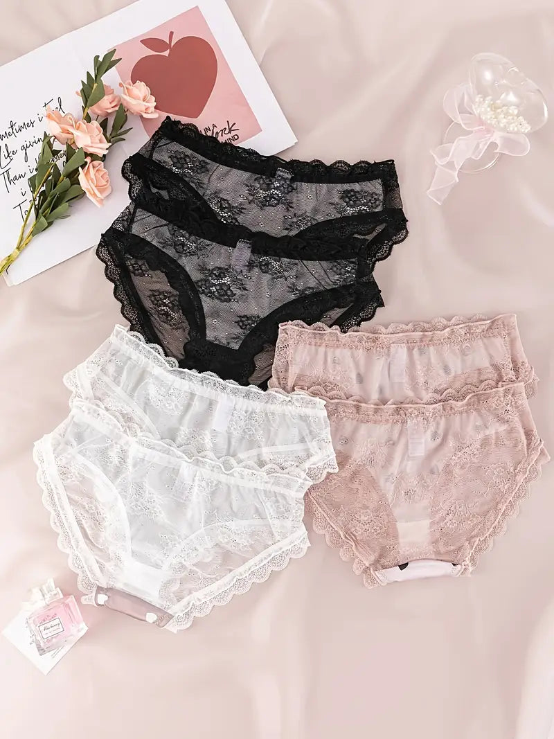 6pcs Elegant Lace Heart Pattern Briefs, Satin Low Waist High Panties, Breathable Stretch Fit