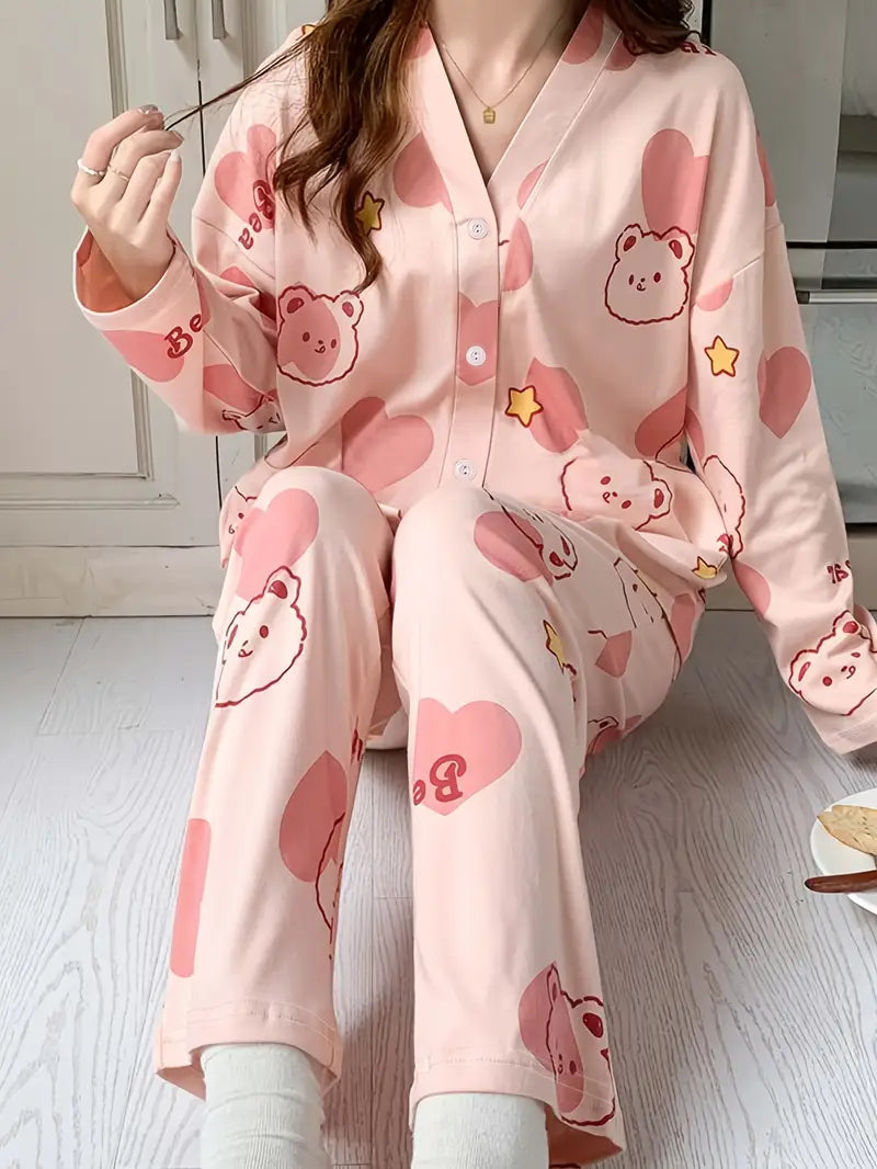 In-Stock High Quality Non Stretch Women's Pajamas, Autumn Long Sleeve & Leggings Set for s with V Neck