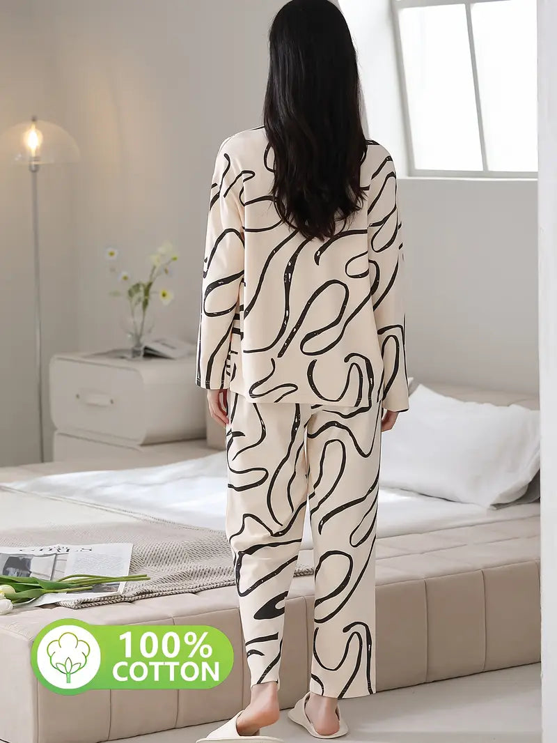 V-Neck Pajama Set with Long Sleeves, Printed Patterns, and Side Pockets, Pyjamas For Women, Winter Pyjamas For Women