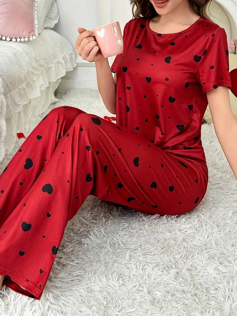 Women'S 2pcs Heart Print Pajama Set - Casual Crew Neck Short Sleeve Top & Long Pants, Soft & Comfortable