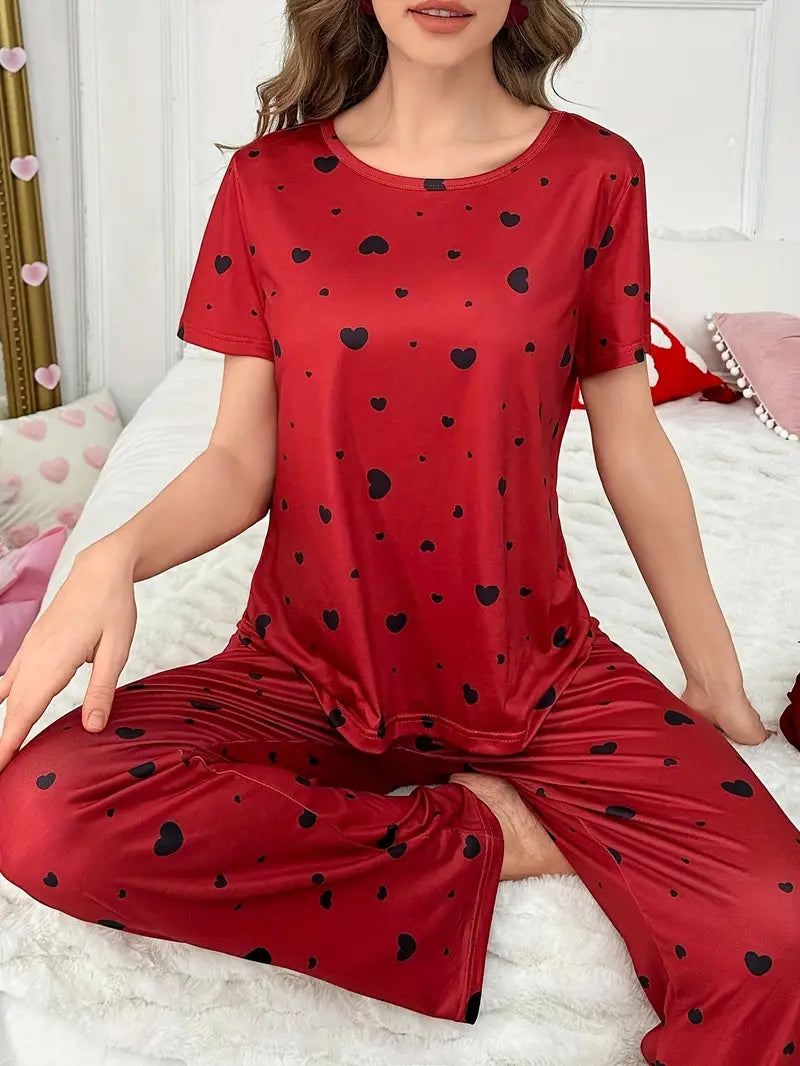 Women'S 2pcs Heart Print Pajama Set - Casual Crew Neck Short Sleeve Top & Long Pants, Soft & Comfortable