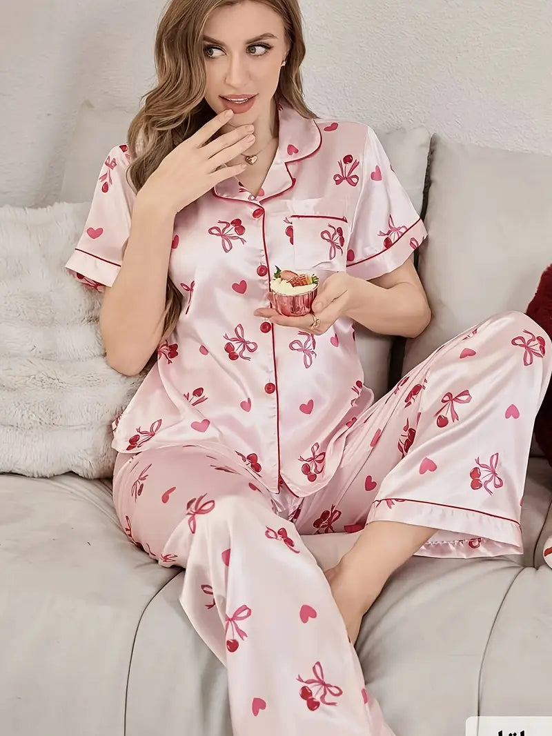 Pink Bow Collar Button-Up Short Sleeve Top and Casual Stretch Pants Two-Piece Set Women's Loungewear Outerwear Sleepset