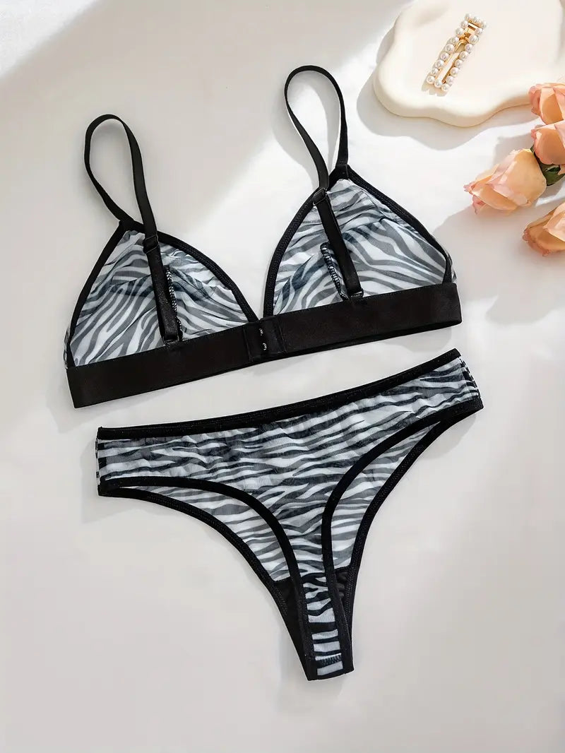 Women'S Black Zebra Print Wireless Mesh Bra and Thong Set
