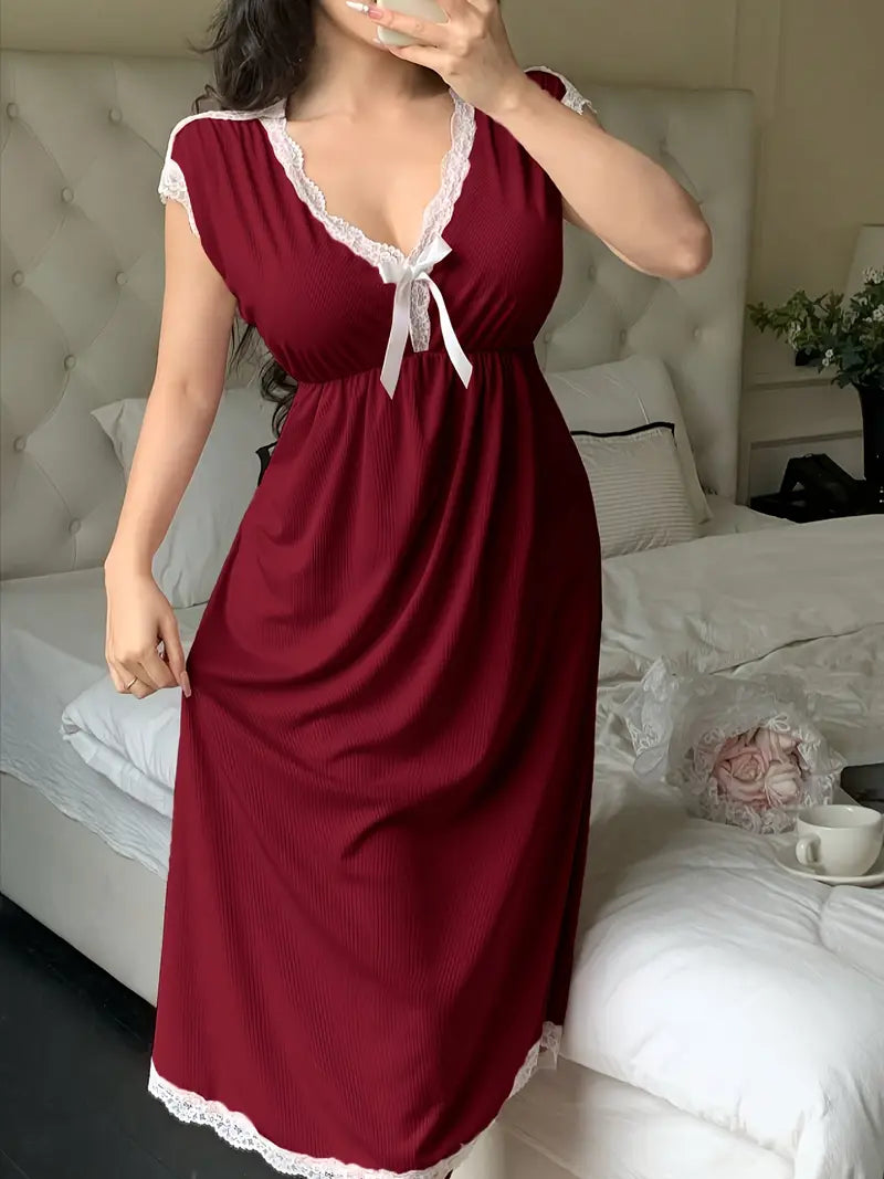 Women's Elegant Solid Color Lace-Trimmed V-Neck Sleeveless Nightgown