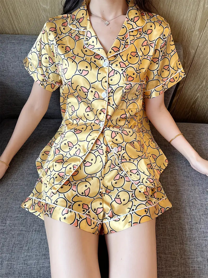 Satin Women's Pajama Set, Short Sleeve Top and Briefs, Two-Piece Summer Sexy Comfortable Sleepwear