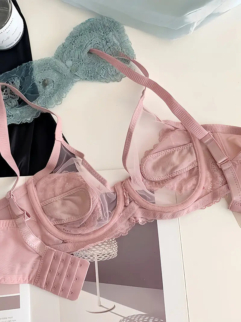 1pc Women'S Lightweight Breathable Ultra-Thin Contrast Lace Splicing Bra