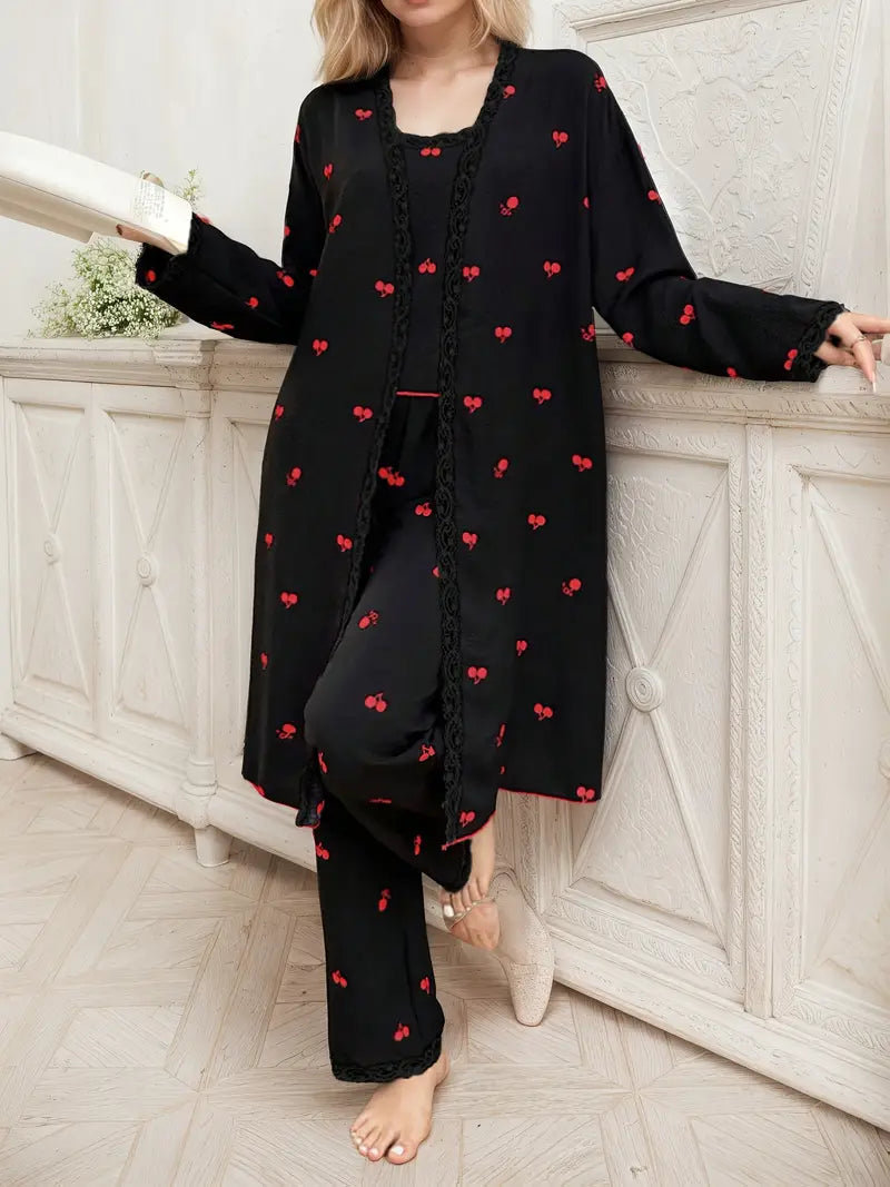 Casual Fashion Heart Print Lace Trim Tie-Up Women's Pajama Set of 3pcs