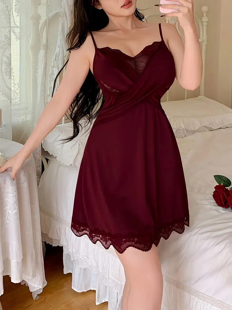 Women's New European and American Sexy Temptation Lingerie Sleepwear with Contrast lace Patchwork Camisole Nightdress