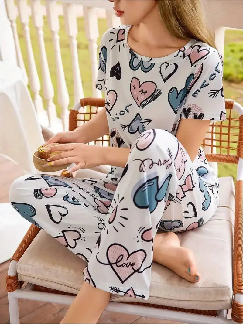 Two-Piece Women's Spring Autumn Winter Pajama Set, Short Sleeve Pullover Round Neck Top and Long Pants