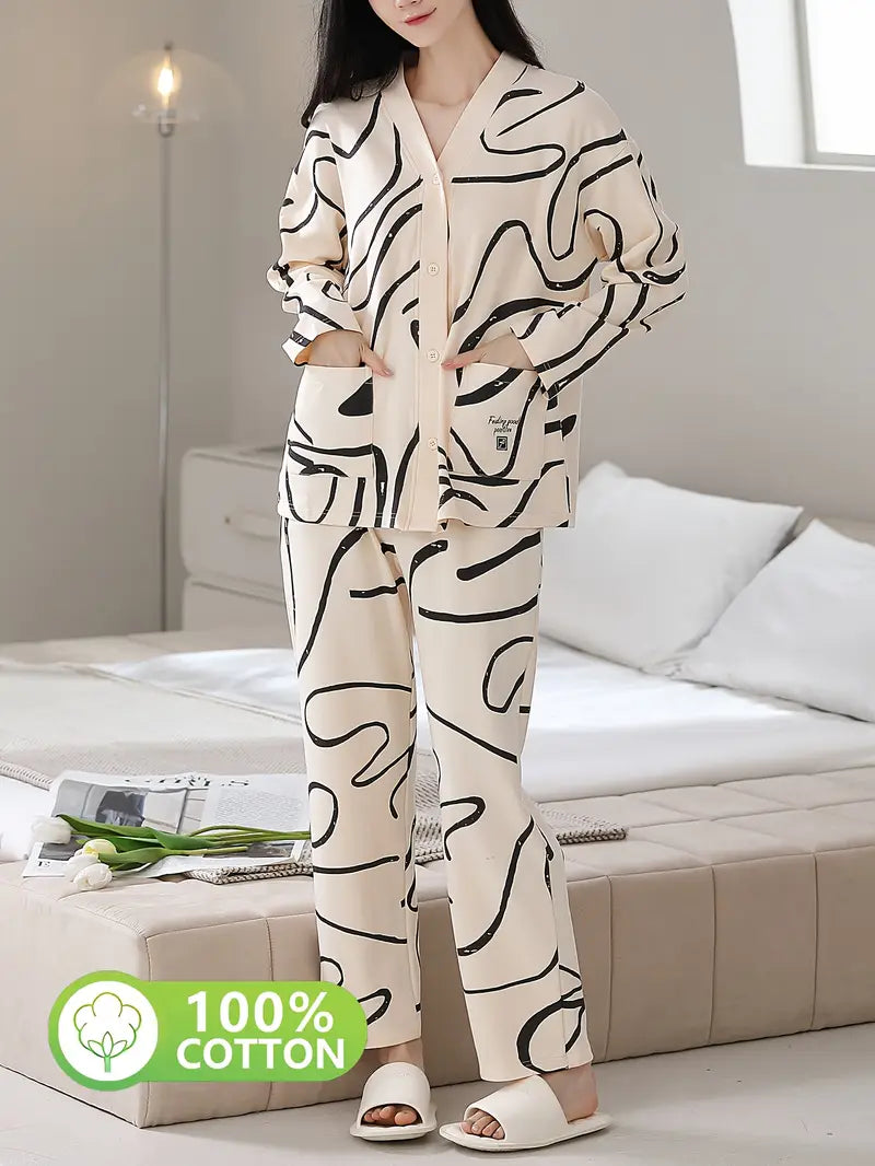 V-Neck Pajama Set with Long Sleeves, Printed Patterns, and Side Pockets, Pyjamas For Women, Winter Pyjamas For Women