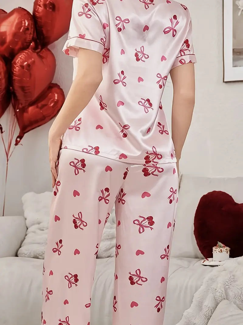Pink Bow Collar Button-Up Short Sleeve Top and Casual Stretch Pants Two-Piece Set Women's Loungewear Outerwear Sleepset