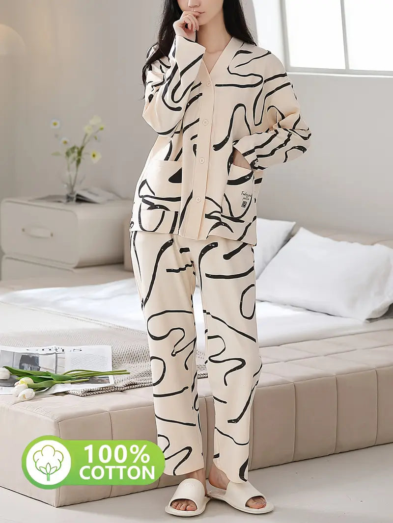 V-Neck Pajama Set with Long Sleeves, Printed Patterns, and Side Pockets, Pyjamas For Women, Winter Pyjamas For Women