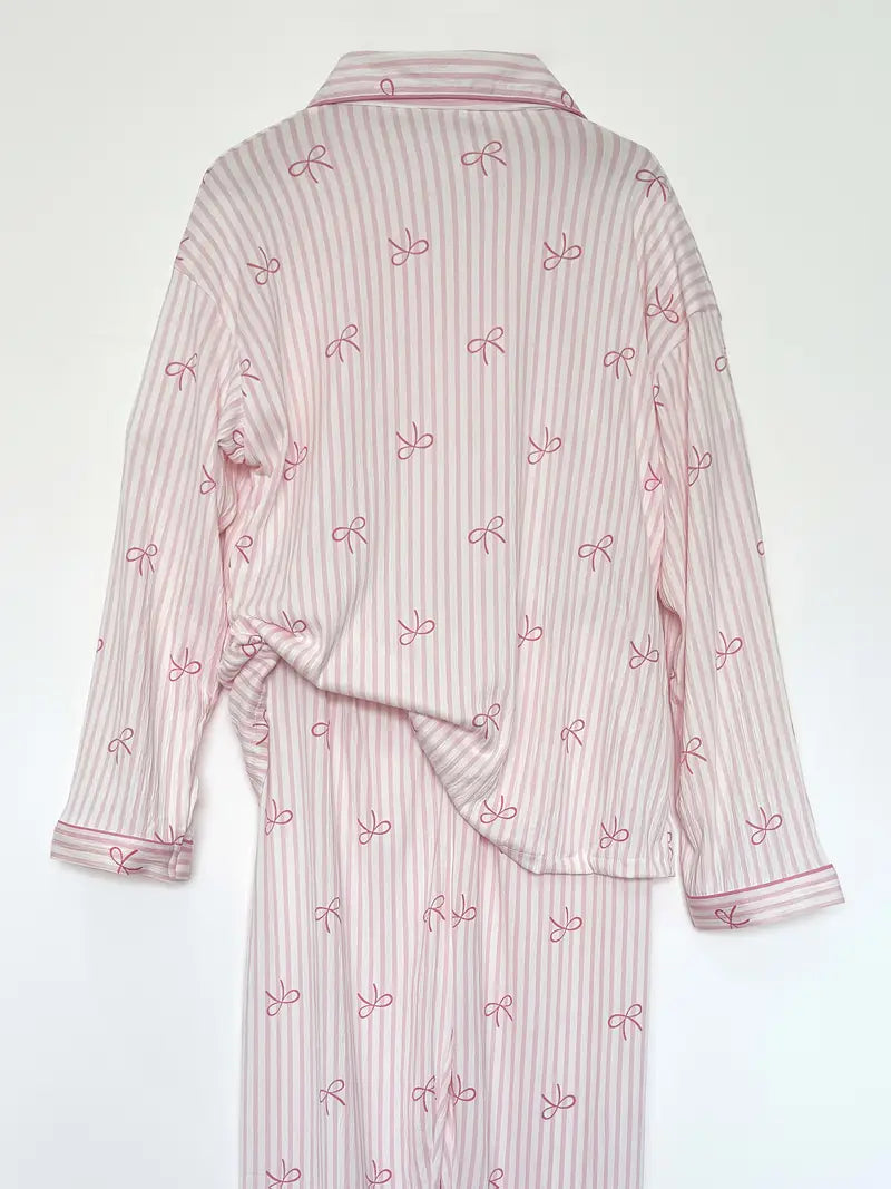 Wrinkle Fabric Sleepwear Spring Collection Sweet Striped Long Sleeve Korean Style Casual Wearable Home Set