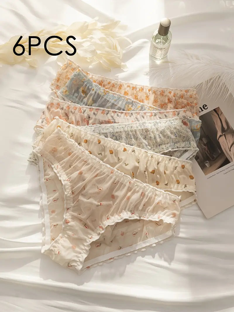 6pcs Mesh Women's Panties with Cute Fruit and Vegetable Cherry Print, Sexy Comfort Breathable