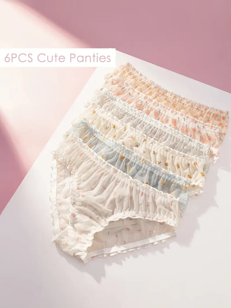 6pcs Mesh Women's Panties with Cute Fruit and Vegetable Cherry Print, Sexy Comfort Breathable