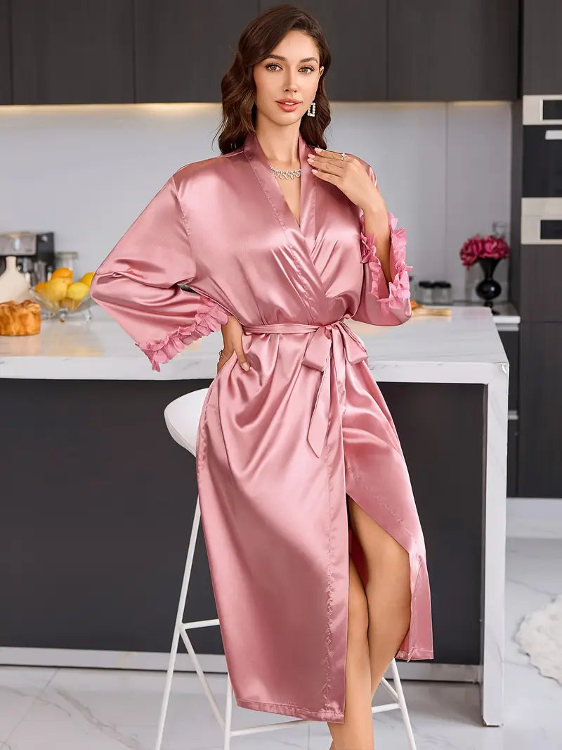 Women'S Solid Color Simple And Comfortable Long Tie Robe for Home Leisure