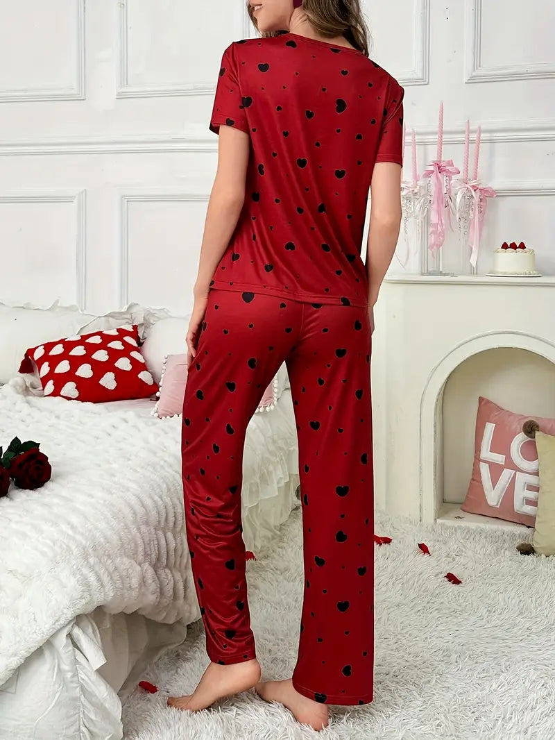 Women'S 2pcs Heart Print Pajama Set - Casual Crew Neck Short Sleeve Top & Long Pants, Soft & Comfortable