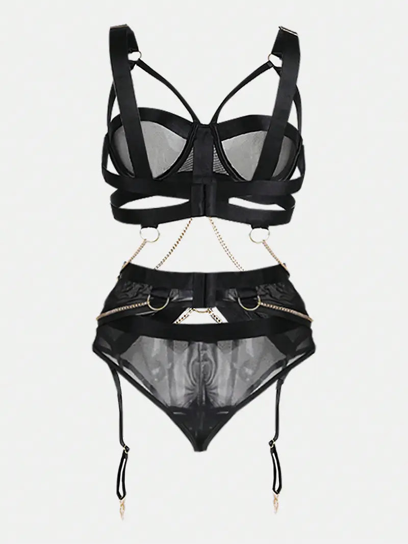 Women'S Sexy Lingerie Set with Chain Circle Embellishments - Mesh Hollow Out Bra