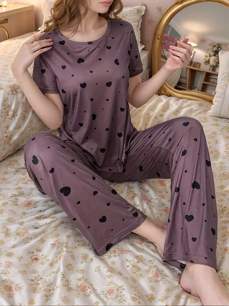 Women'S Heart Pattern Short Sleeve Pajama Set - Casual Crew Neck, All-Season Comfort, Green with Hearts