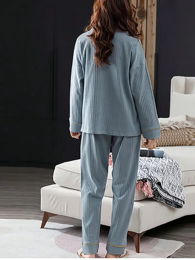 2pcs Women's Cardigan Pajamas with Long Sleeves and Pants for Spring/Autumn, Light Home Clothes