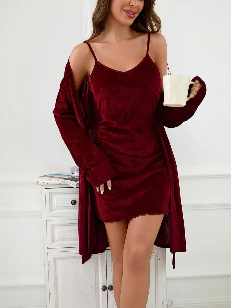 Women's Velvet 2pcs Sexy Camisole Nightgown with Tie, Warm and Comfortable Sleepwear Set for Autumn/Winter
